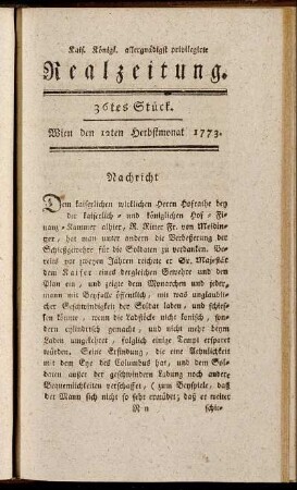 36tes Stück. Wien den 12ten Herbstmonat 1773.