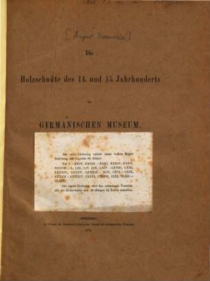 Die Holzschnitte des 14. und 15. Jahrhunderts im Germanischen Museum : (hsgeg. von A. Essenwein.). 1
