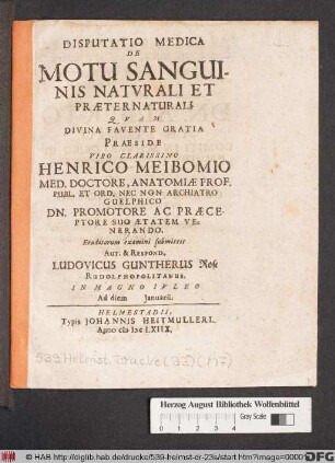 Disputatio Medica De Motu Sanguinis Naturali Et Praeternaturali