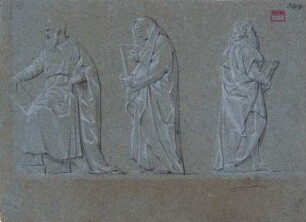 Drei Gewandfiguren mit Schrifttafeln