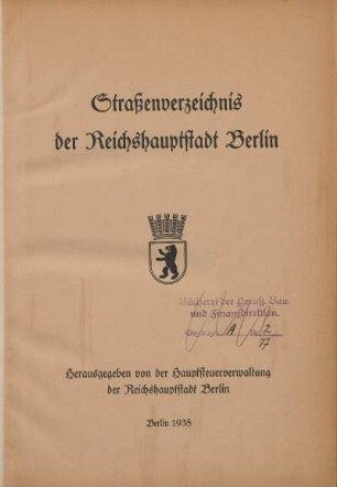 1938: Straßenverzeichnis der Reichshauptstadt Berlin