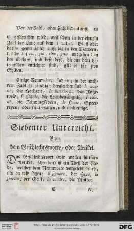 Siebenter Unterricht: Von dem Geschlechtsworte, oder Artikel