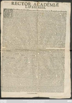Rector Academiae Lipsiensis. Gravissimus & disertissimus autor Plutarchus hanc in. Romanisproblematis ... ; PP. XII.M. Julii Anno Christi MDC. XXXVII.