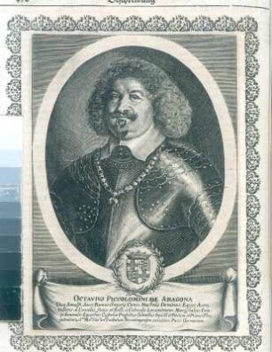 Bildnis Fürst Octavio Picolomini, S. 478. Kupferstich; 195 x 150 mm (Bildspiegel). Aus: Theatri Europaei ... Sechster und letzter Theil. 1647-1651. Franckfurth, M., Matthäi Merians sel. Erben. Dresden: SLUB Hist.univ.B.0062