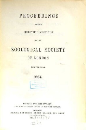 Proceedings of the Zoological Society of London. 1884