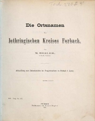 Jahresbericht des Progymnasiums in Forbach (Lothringen) : über das Schuljahr .... 1887/88