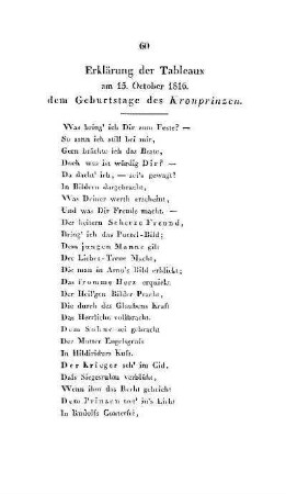 Erklärung der Tableaux am 15. October 1816. dem Geburtstage des Kronprinzen