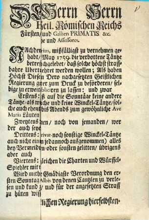 Des Hochwürdigsten Fürsten und Herrn Herrn Henrici, Bischoffen und Abbten zu Fulda, des Heil. Römischen Reichs Fürsten, Jhro Majestät der Römischen Kayserin Ertz-Cantzlars, durch Germanien und Gallien Primatis &c. : Fulda den 7. Septembr. 1761