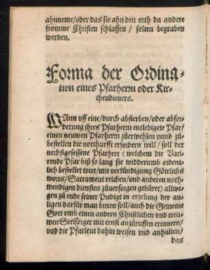 Forma der Ordination eines Pfarherrn oder Kirchendieners.