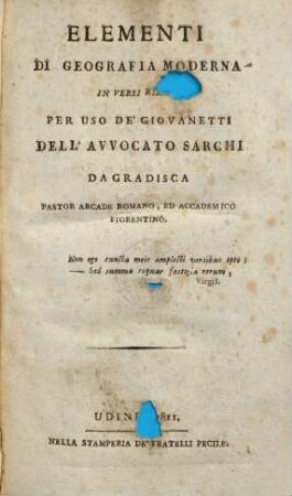 Elementi Di Geografia Moderna In Versi Rimati Per Uso De' Giovanetti
