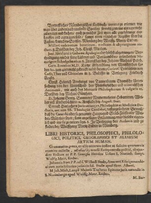 Libri Historici, Philosophici, Philologici, Politici, Geographici Et Aliarum Artium Human.