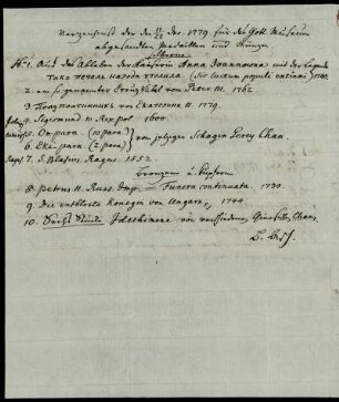 [Titelliste einer Schenkung des Barons von Asch vom 12./23.12.1779] : Verzeichniß der den 11/22 Dec[ember] 1779 für das Gött[inger] Museum abgesandten Medaillen und Münzen