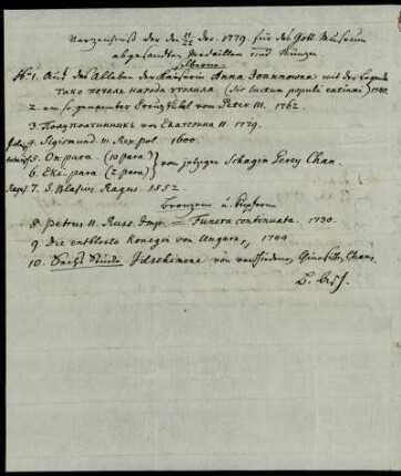 [Titelliste einer Schenkung des Barons von Asch vom 12./23.12.1779] : Verzeichniß der den 11/22 Dec[ember] 1779 für das Gött[inger] Museum abgesandten Medaillen und Münzen