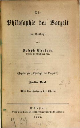 Die Philosophie der Vorzeit : (Zugabe zur "Theologie der Vorzeit"), 2