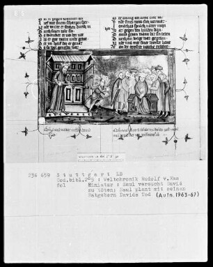 Weltchronik des Rudolf von Ems — Saul wirft den Speer nach David und Saul mit seinen Ratgebern, Folio 131verso?