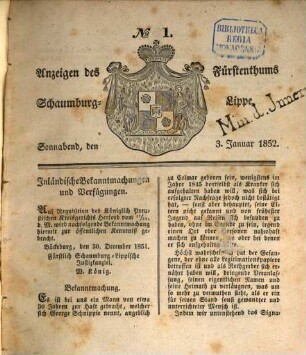Anzeigen des Fürstenthums Schaumburg-Lippe. 1852