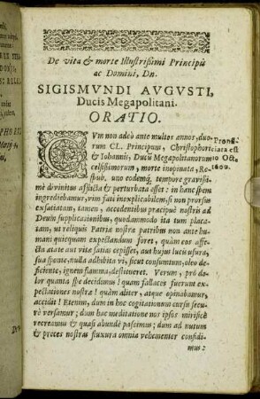 De vita & morte Illustrißimi Principis ac Dominis, Dn. Sigismundi Augusti, Ducis Megapolitani.