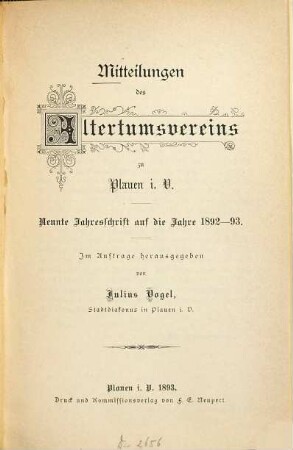 Mitteilungen des Altertumsvereins zu Plauen : Jahresschrift. 9. 1892/93 (1893)