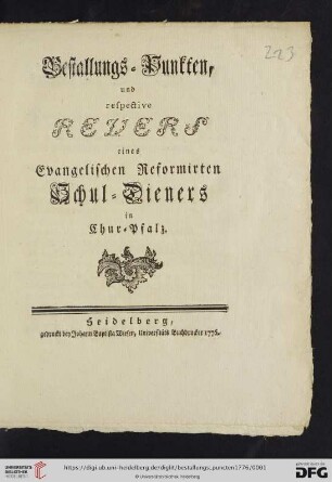 Bestallungs-Punkten, und respective Revers eines Evangelischen Reformirten Schul-Dieners in Chur-Pfalz