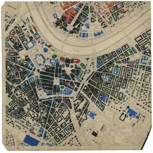 Schadensplan der Stadt Dresden. Bearbeitet 1945/1946 vom Stadtplanungsamt Dresden. [Grundlagenkarte: Plan von Dresden. Blatt 1 [Altstadt, Neustadt], mit Legende zum Zerstörungsgrad (schwarz - total zerstört; blau - schwer beschädigt; grün - mittelschwer beschädigt; rot - leicht beschädigt) : Plan von Dresden. 1911/13/38/39/40. Blatt 1-12. 14-22, 24, 27, 29, 36, 39, 41-42. Bearb. Vom Vermessungsamt. 1:5000. 1.-9.,11., 13., 14. Aufl. Dresden 1911/13/38/39/40. 50 x 50 cm. Die Blätter 23, 25, 28 und 40 sind nur unter Schadensplan zu finden.