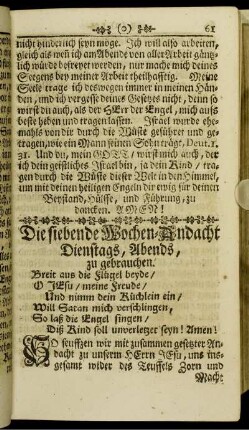 Die siebende Wochen-Andacht Dienstags, Abends, zu gebrauchen.
