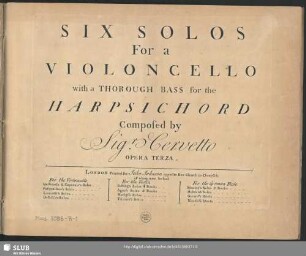 Six solos for a violoncello with a thorough bass for the harpsichord : opera terza
