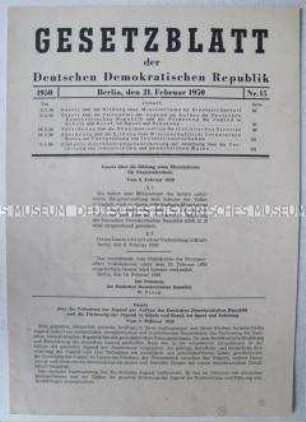 Gesetzblatt der DDR u.a. zur Bildung des Ministeriums für Staatssicherheit