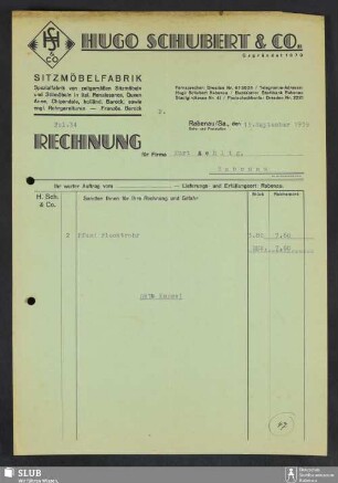 Hugo Schubert & Co., Sitzmöbelfabrik, Rabenau/Sa. : Rechnung