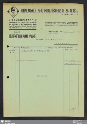 Hugo Schubert & Co., Sitzmöbelfabrik, Rabenau/Sa. : Rechnung