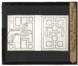 unbekannt (irisch), Echternacher Evangeliar (Paris BN ms lat. 9389) : Evangelistenbilder (Symbole) Markus u. Lukas