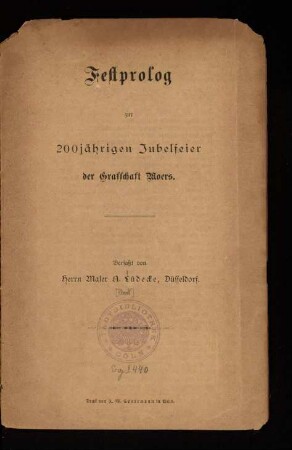 Festprolog zur 200jährigen Jubelfeier der Grafschaft Moers