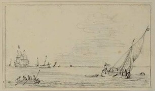 Segelschiff vor dem Wind, links Ruderkahn