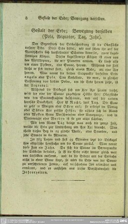 Gestalt der Erde; Bewegung derselben (Pole, Aequator, Tag, Jahr)