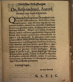 Disputationem Juridicam De Praescriptione Dormiente, ... Praeside Dn. Friderico Philippo, ... Ad diem IV. Decembr. Anno M DC XC. ... P.P. Joh. Gottfried Zimmermann, Doebl. Misn. Autor