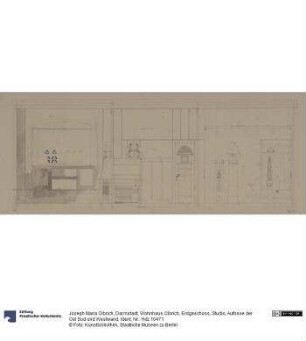 Darmstadt, Wohnhaus Olbrich, Erdgeschoss, Studio, Aufrisse der Ost Süd und Westwand