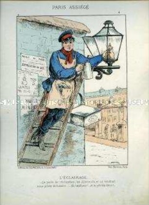 Karikatur, Soldat füllt Petroleum in eine Straßenlaterne, Frankreich 1870. Tafel 4 aus: Paris assiégé. Scènes de la vie parisienne pendant le siège.