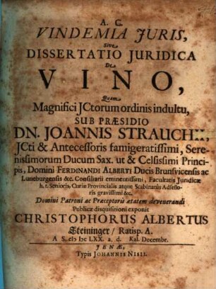 Vindemia Iuris, Sive Dissertatio Iuridica De Vino