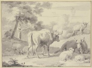 Kühe und Schafe, links unter einem Baum Hirte und Hirtin
