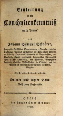 Einleitung in die Conchylienkenntniß nach Linné. 3, Dritter und letzter Band : Nebst zwey Kupfertafeln