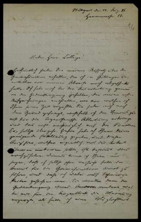 Nr. 1: Brief von Otto Hölder an David Hilbert, Stuttgart, 17.8.1886