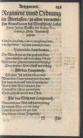 Regiment unnd Ordnung im Aderlassen/ zu allen vornembsten Kranckheiten deß Menschliche Leibs/ Herrn Johann Wolffen ...