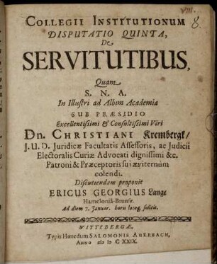 Collegii Institutionum Disputatio Quinta, De Servitutibus