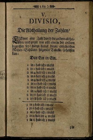 V. Divisio, Die Abtheilung der Zahlen.