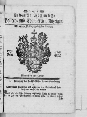 40tes Stück, Ausgabe vom 3. October 1770