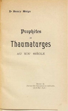 Prophètes et thaumaturges au XIXe siècle