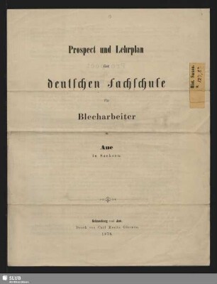 Prospect und Lehrplan der Deutschen Fachschule für Blecharbeiter in Aue in Sachsen