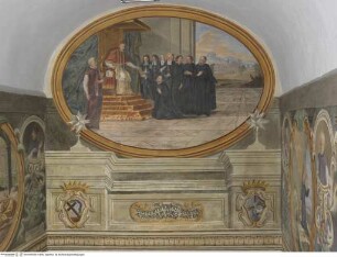 Szenen aus dem Leben des heiligen Hieronymus Aemiliani, Papst Clemens VIII. überreicht Giovanni Battista Fabreschi die Konzessionsbulle des Collegio di San Michele in Anwesenheit von einigen Somaskerbrüdern