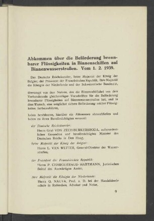 Abkommen über die Beförderung brennbarer Flüssigkeiten in Binnenschiffen auf Binnenwasserstraßen. Vom 1.2.1939