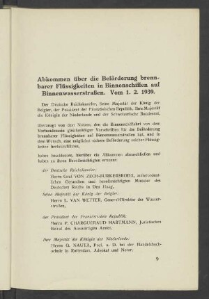 Abkommen über die Beförderung brennbarer Flüssigkeiten in Binnenschiffen auf Binnenwasserstraßen. Vom 1.2.1939