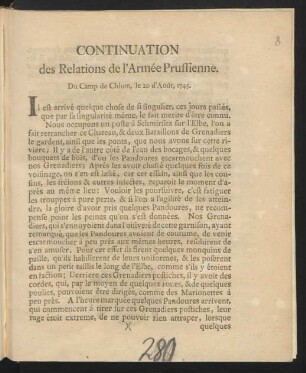 Continuation des Relations de l'Armée Prussienne : Du Camp de Chlum, le 20 d'Août, 1745